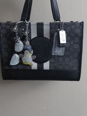 Coach Black and Gray Signature Stripe Tote with Charm Accents